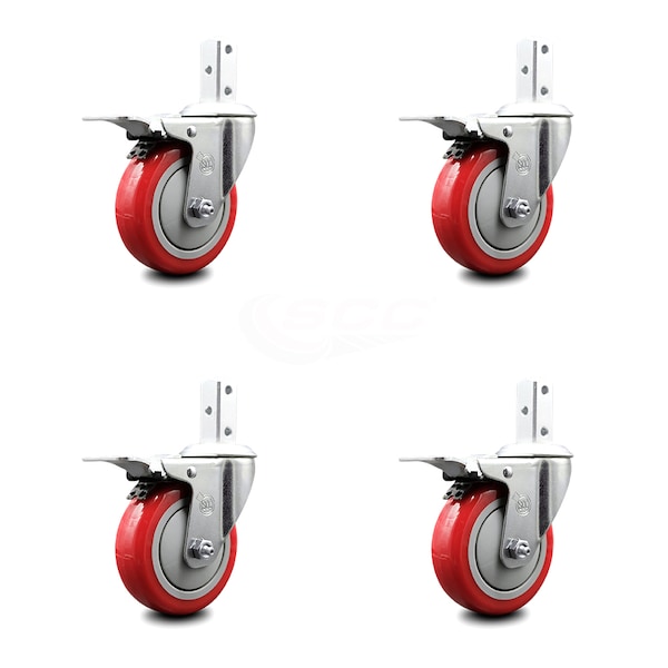 4 Inch Red Poly Wheel Swivel 3/4 Inch Square Stem Caster Set Total Lock Brake